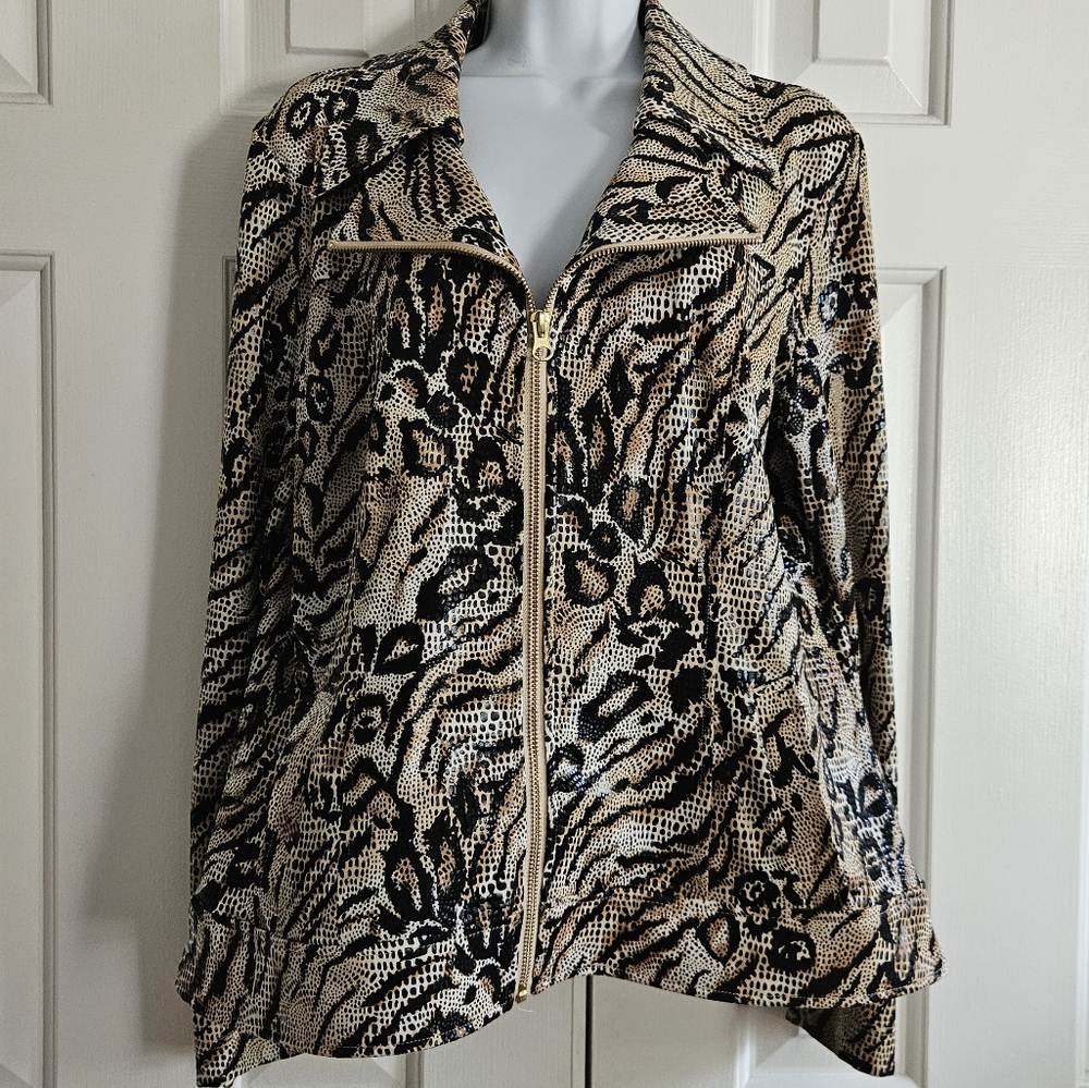 Clara Sun Woo Womens Jacket L Animal Print Boxy Lagenlook Stretch Zip Office